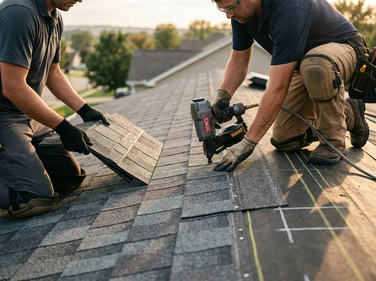 Professional roofer working on a residential roof in Golden Hills